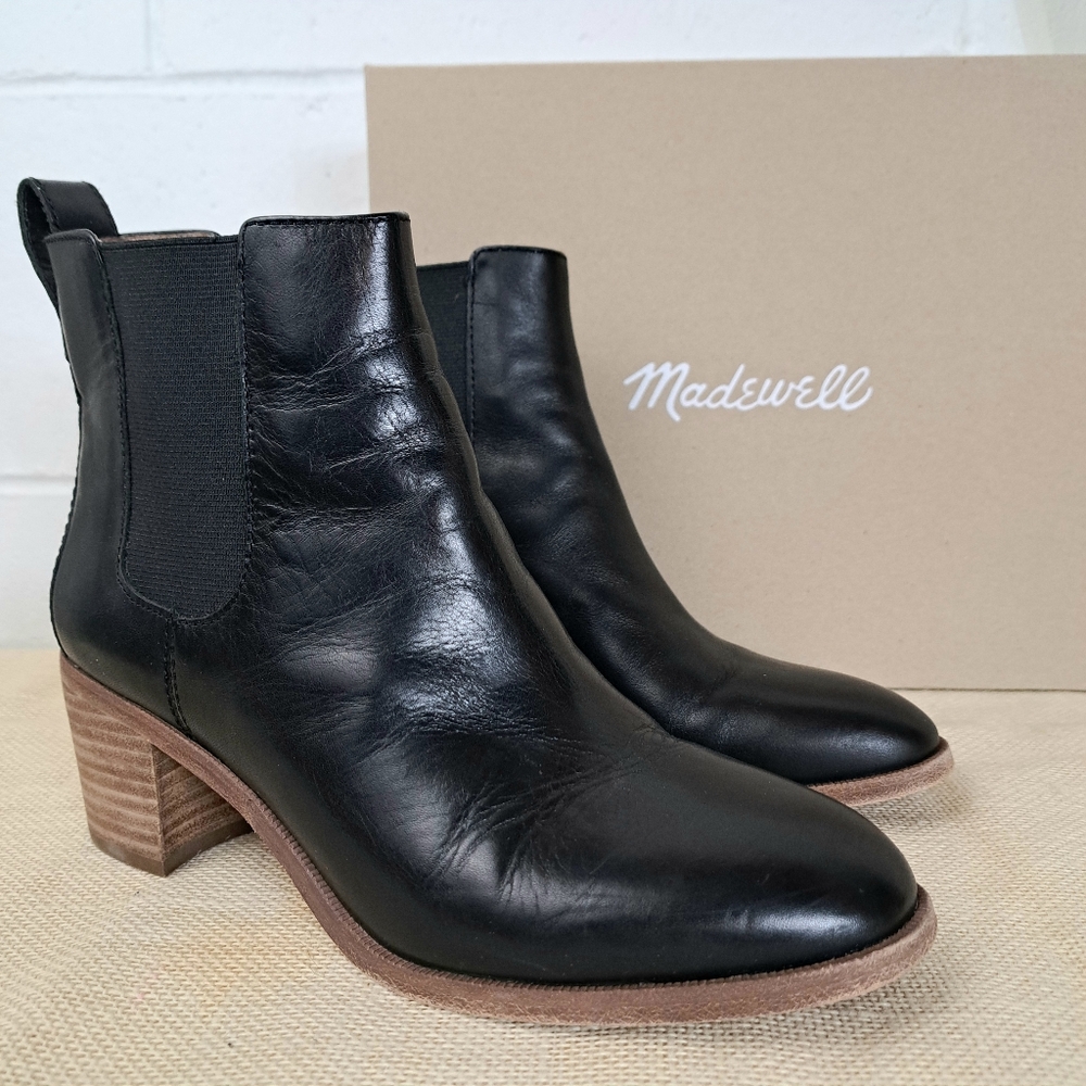 Madewell Stacked Heel Pull On Chelsea Boot Black Leather Sz7.5